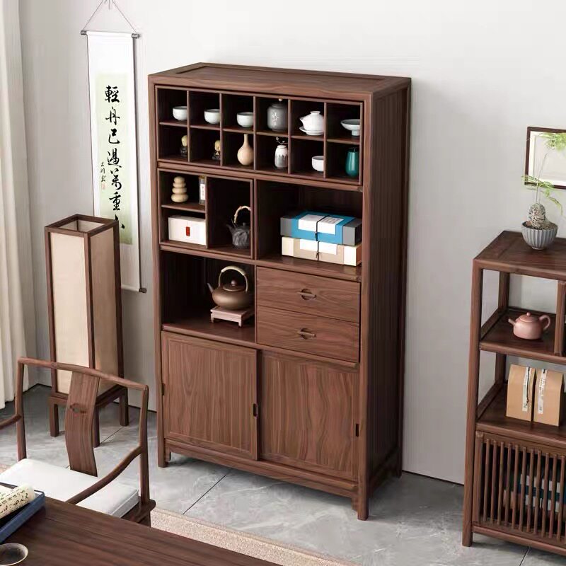 新中式博古架茶室黑胡桃木茶叶柜客厅家用老榆木置物架实木多宝阁图片