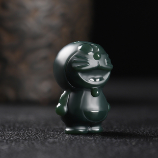 新疆和田玉塔青玉卡通机器猫哆啦a梦精雕吊坠挂件配饰哑亮礼物