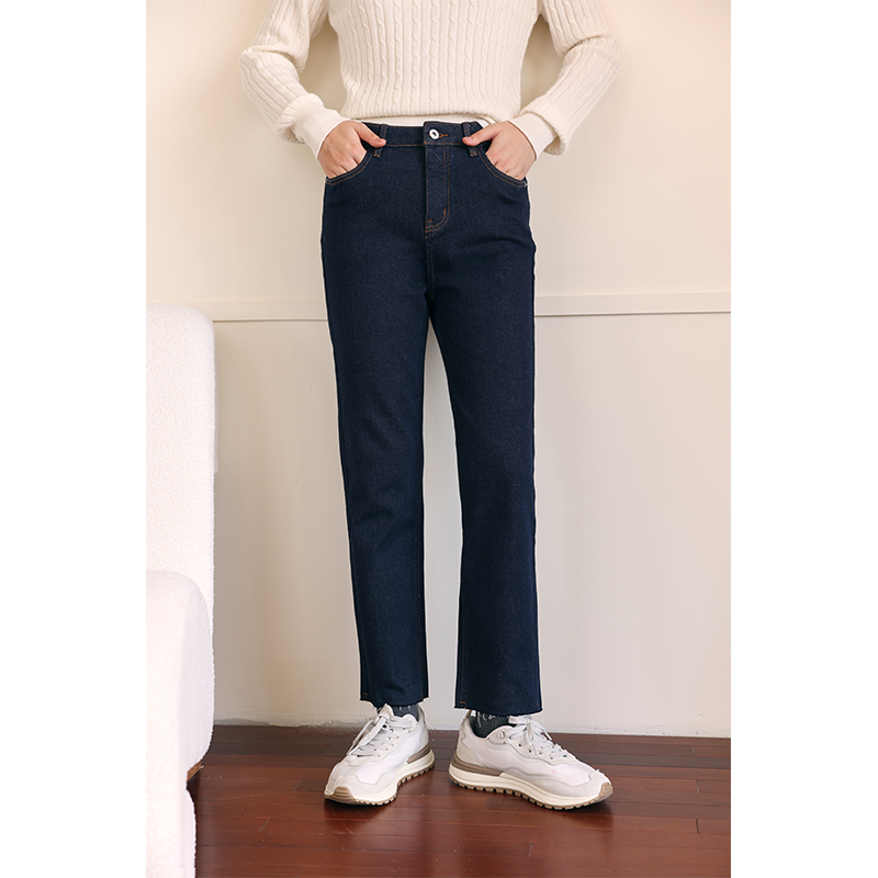 HeyDress德绒毛边法棍牛仔裤