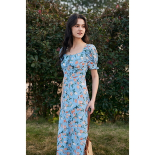 HeyDress法式 裙子 方领系带印花连衣裙女夏季 田园设计感显瘦荷叶袖