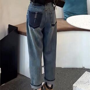 胖mm显瘦梨形身材高腰哈伦老爹裤 加绒加厚牛仔裤 大码 新款 子 女季