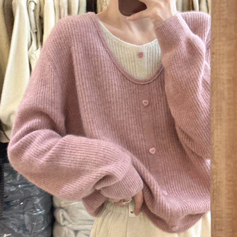 设计感假两件粉色针织衫女秋季复古甜美慵懒风内搭毛衣高级感上衣