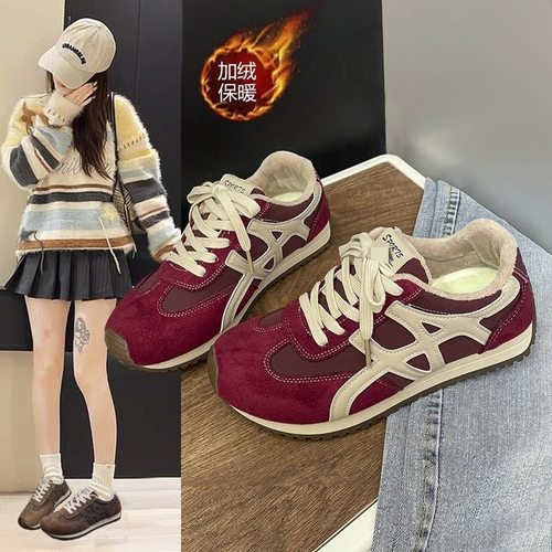 加绒复古德训鞋女冬新款红色保暖棉鞋子百搭平底运动休闲板鞋