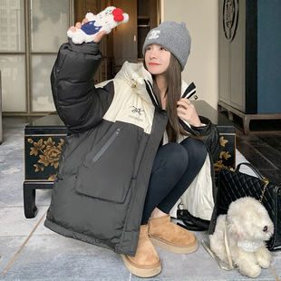 罗芬 故事面料女装官方实拍黑白拼色90白鸭绒立领连帽羽绒服女冬