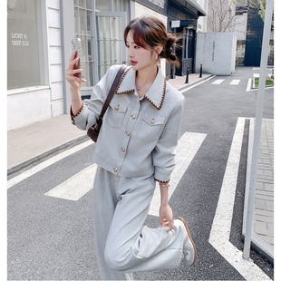 罗芬 故事面料女装官方实拍浅灰色韩系气质撞色包边套装2026春装