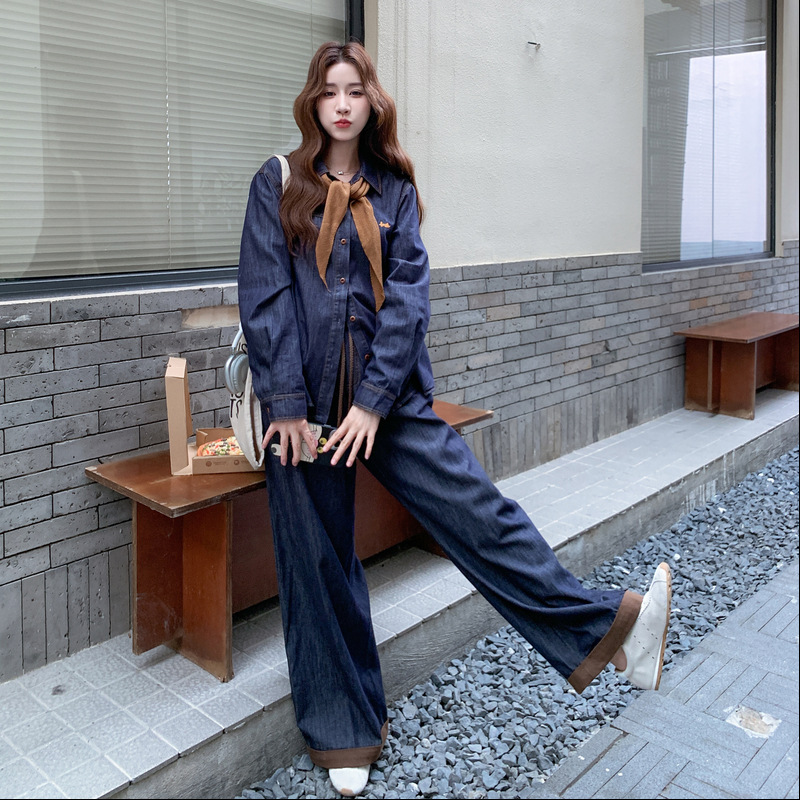 罗芬 故事面料女装官方实拍盐系蓝色牛仔衬衫阔腿裤套装2025秋新