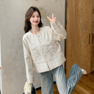 钉珠亮片装 官方实拍米白色新中式 饰国风外套202 故事面料女装 罗芬