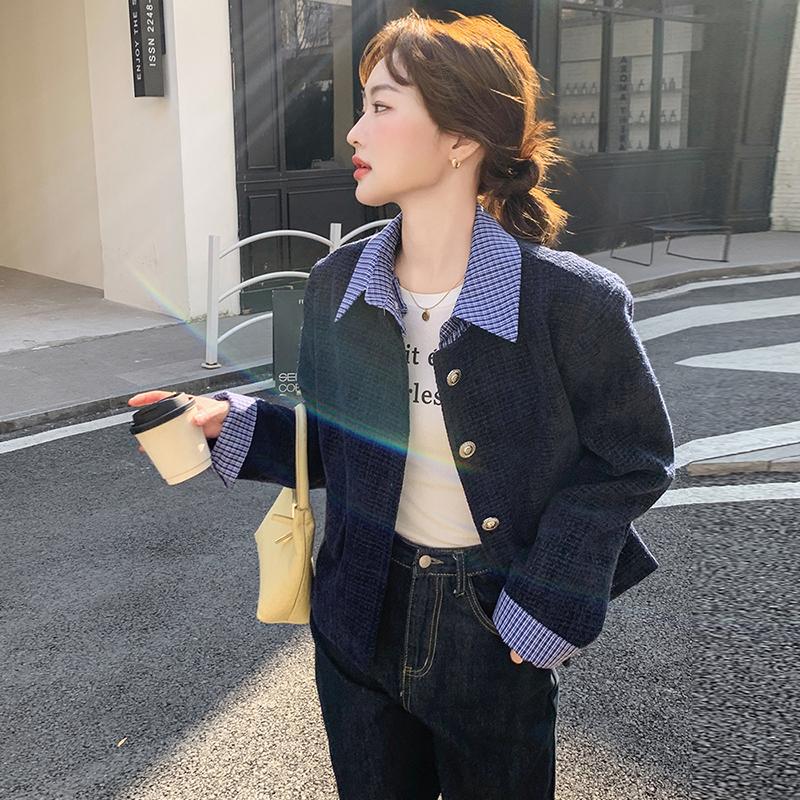 罗芬 故事面料女装官方实拍深蓝色格纹拼接小香风外套女春季2025