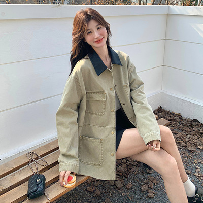 罗芬 故事面料女装官方实拍卡其色港风复古撞色牛仔外套女早春秋2
