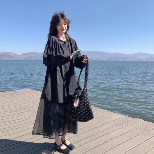 网纱拼接印花半裙202 官方实拍黑色复古气质衬衫 罗芬 故事面料女装