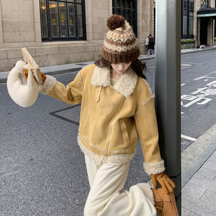 罗芬 故事面料女装官方实拍黄色皮毛一体派克服外套2025新款甜酷