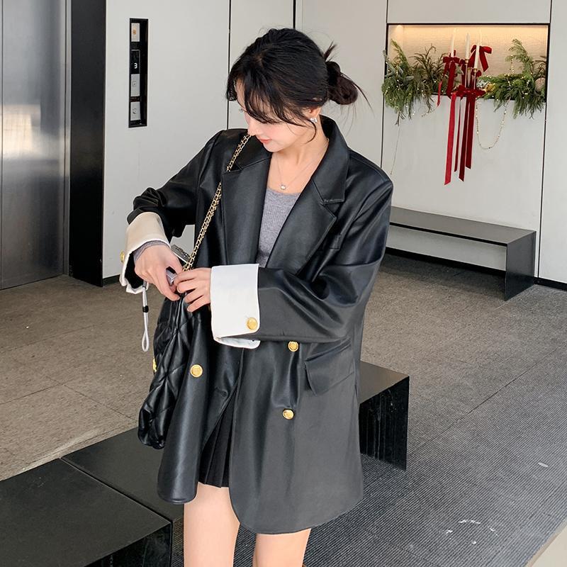 罗芬 故事面料女装官方实拍高级感黑色pu皮衣外套女2025春秋宽松