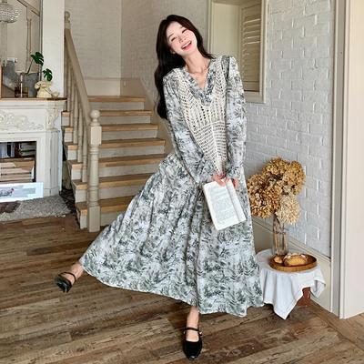 罗芬 故事面料女装官方实拍镂空勾花水墨画碎花长袖连衣裙女春秋2