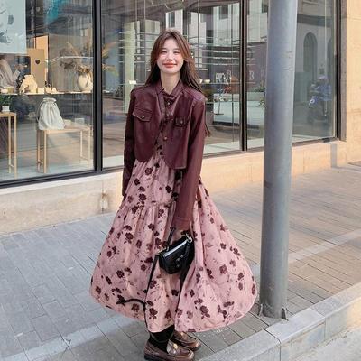 罗芬 故事面料女装官方实拍安可拉红皮衣外套吊带连衣裙套装女碎