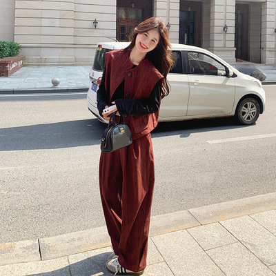 罗芬 故事面料女装官方实拍红色小香风马甲套装女春秋流行高级感