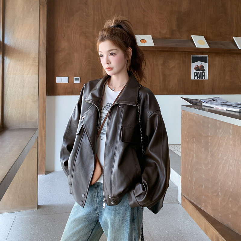 罗芬 故事面料女装官方实拍咖色美式复古时髦大女主皮衣外套2025,女装/女士精品,皮衣,淘宝优惠券,粉丝福利购,淘宝优惠卷