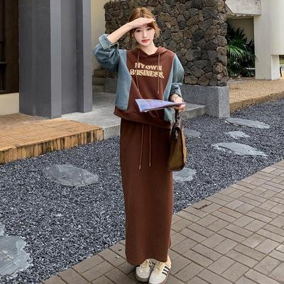 罗芬 故事面料女装官方实拍美拉德牛仔拼接卫衣套装裙女早秋搭配