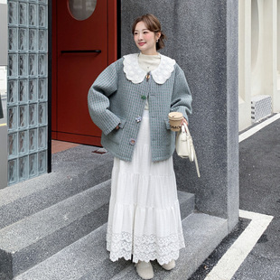 罗芬 故事面料女装官方实拍俏皮减龄针织花边娃娃领毛呢外套2025