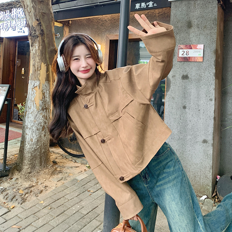 罗芬 故事面料女装官方实拍美拉德棕色短款麂皮绒夹克女秋新款美