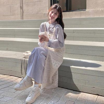 罗芬 故事面料女装官方实拍法式蕾丝镂空吊带罩衫叠穿连衣裙套装