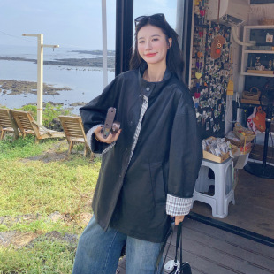 美式 官方实拍格纹拼接PU皮衣外套2025春款 复古 故事面料女装 罗芬