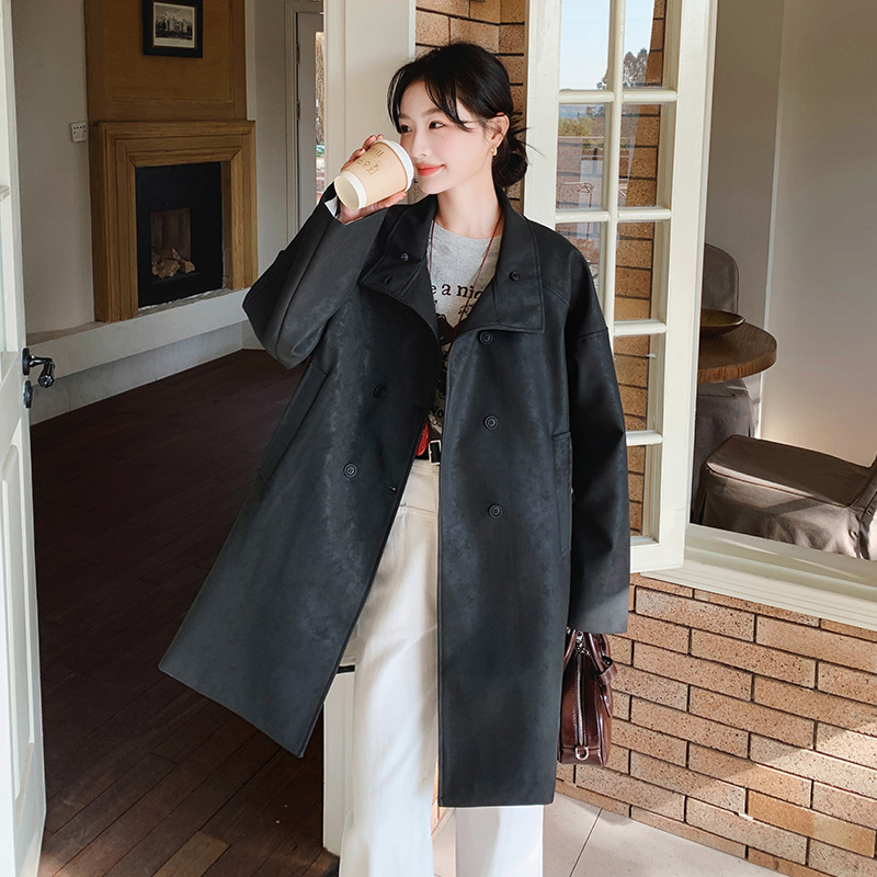 罗芬 故事面料女装官方实拍设计感休闲pu皮流行风衣外套女2025春