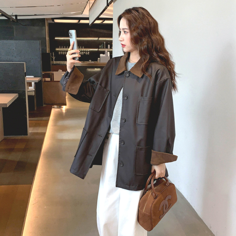 罗芬 故事面料女装官方实拍灯芯绒拼接pu皮衣外套女春秋2025新款