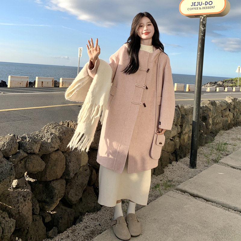 罗芬 故事面料女装官方实拍粉色气质防风连帽双面羊毛大衣2025冬,女装/女士精品,毛呢外套,淘宝优惠券,粉丝福利购,淘宝优惠卷