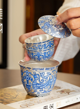 青花玄鸟快客杯瓷胎包银高档旅行茶具套装便携式户外露营一壶二杯