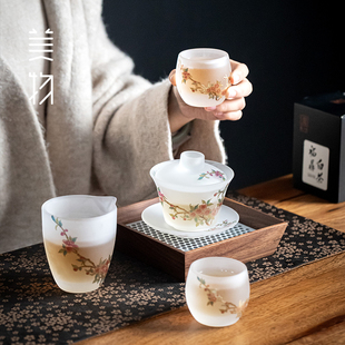 瓘玉水晶玻璃桃李春风盖碗茶杯茶具套装悬停三才盖碗泡茶碗礼盒装