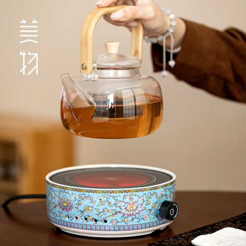 珐琅彩电陶炉煮茶器玻璃提梁壶桃李春风煮茶器圆形电陶炉新款