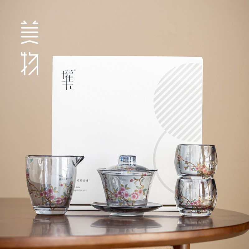 瓘玉水晶玻璃桃李春风盖碗茶杯茶具套装悬停三才盖碗泡茶碗礼盒装