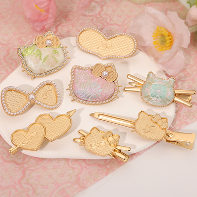 新中式宋锦手工diy发夹底托珍珠猫猫头空托鸭嘴夹发饰发绳圈配件