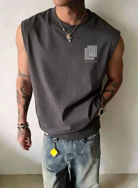 NASA联名校园风加大码无袖纯棉上衣夏季背心洋气印花坎肩宽松男装