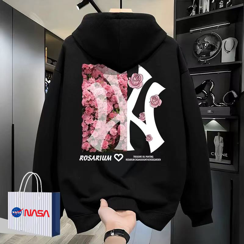 NASA联名秋冬季男装保暖印花长袖上衣加大码宽松加绒连帽卫衣显瘦