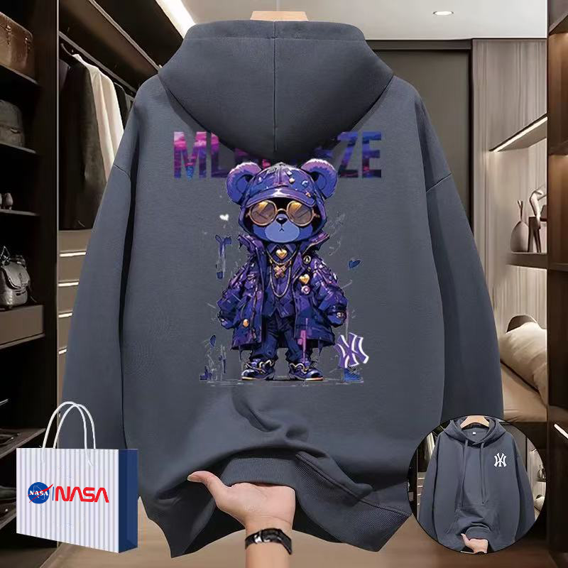 NASA联名男印花长袖上衣街头风ins加大码宽松加绒连帽卫衣秋冬季