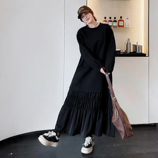 秋冬季大码女装胖mm宽松显瘦长款拼接抽褶裙摆长袖加厚连衣裙
