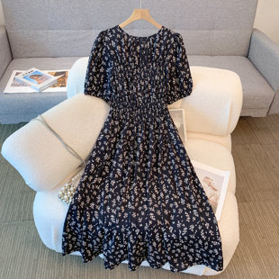新款 短袖 大码 胖mm200斤黑色碎花裙高腰显瘦中长款 连衣裙 女装 夏季