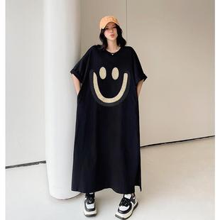胖mm寬松顯瘦加長款 夏季 新大碼 女裝 連衣裙 懶人T恤裙繡花笑臉短袖