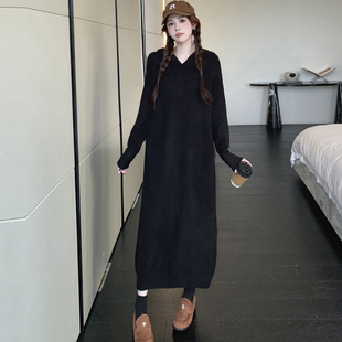 秋冬新款大码女装胖mm长款打底针织连衣裙配大衣打底宽松连帽裙子