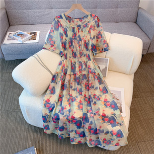 胖mm200斤高腰显瘦中长款 韩版 女装 夏季 连衣裙 气质显白琉璃纱大码