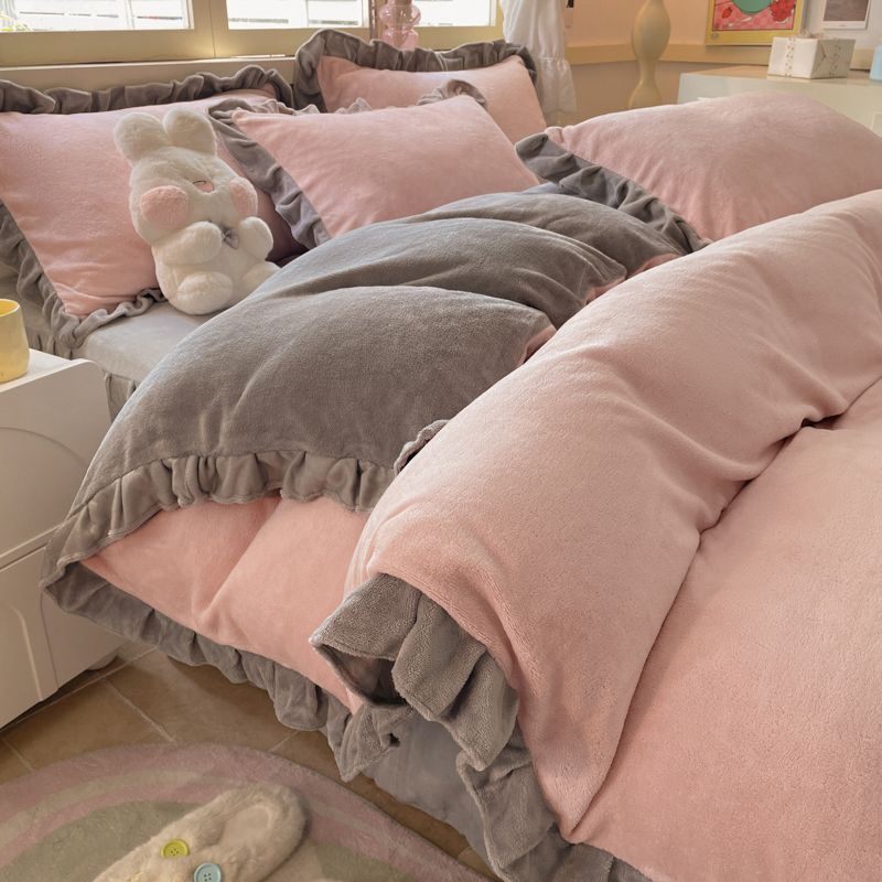 冬季加厚牛奶绒四件套荷叶花边被罩珊瑚绒床单被套宿舍单人三件套