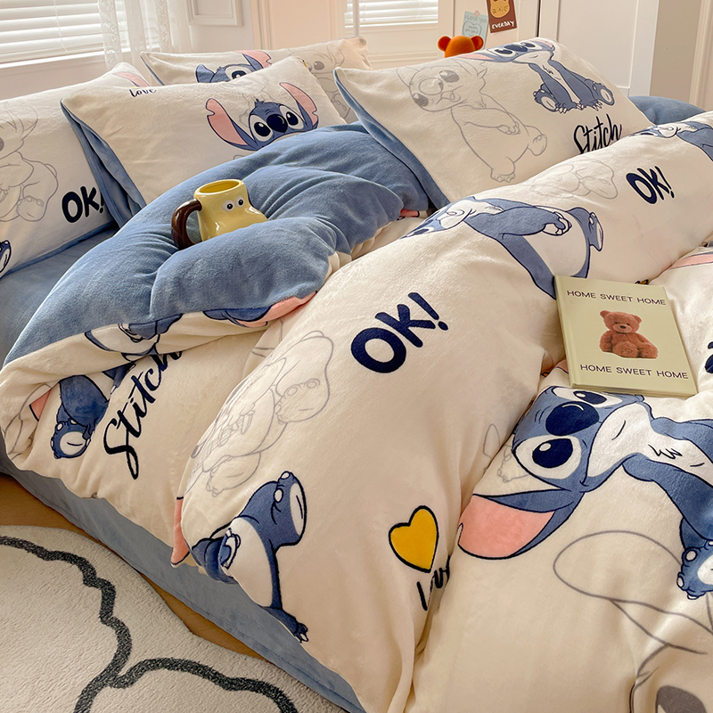 冬季加绒加厚史迪仔牛奶绒四件套迪士尼卡通被罩珊瑚绒床单三件套