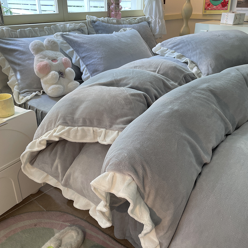 简约纯灰色牛奶绒四件套荷叶花边被罩秋冬加绒加厚床单被套三件套