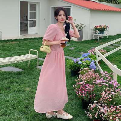 纯色优质U型领精品松紧腰中长款女连衣裙2024夏季新款短袖裙子