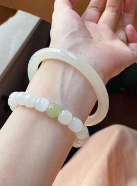 2026新批次大颗粒 天然高品质和田玉白玉手链单圈女10mm 白茶清欢