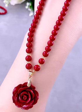 2026天然原矿朱砂玫瑰花吊坠高含量紫金帝王红砂本命年项链