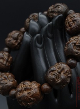 2026沉香木皮黑木黑檀雕四面佛喜怒哀乐佛珠手串貔貅念珠手錬手珠