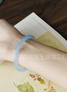 2026天然冰种玉髓手镯浅蓝色玛瑙冰种女士圆条玉石镯子少女款美人
