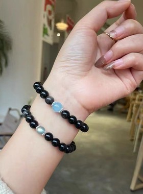 2026天然银曜石手串小众设计感海蓝宝灰月光水晶珠子手链
